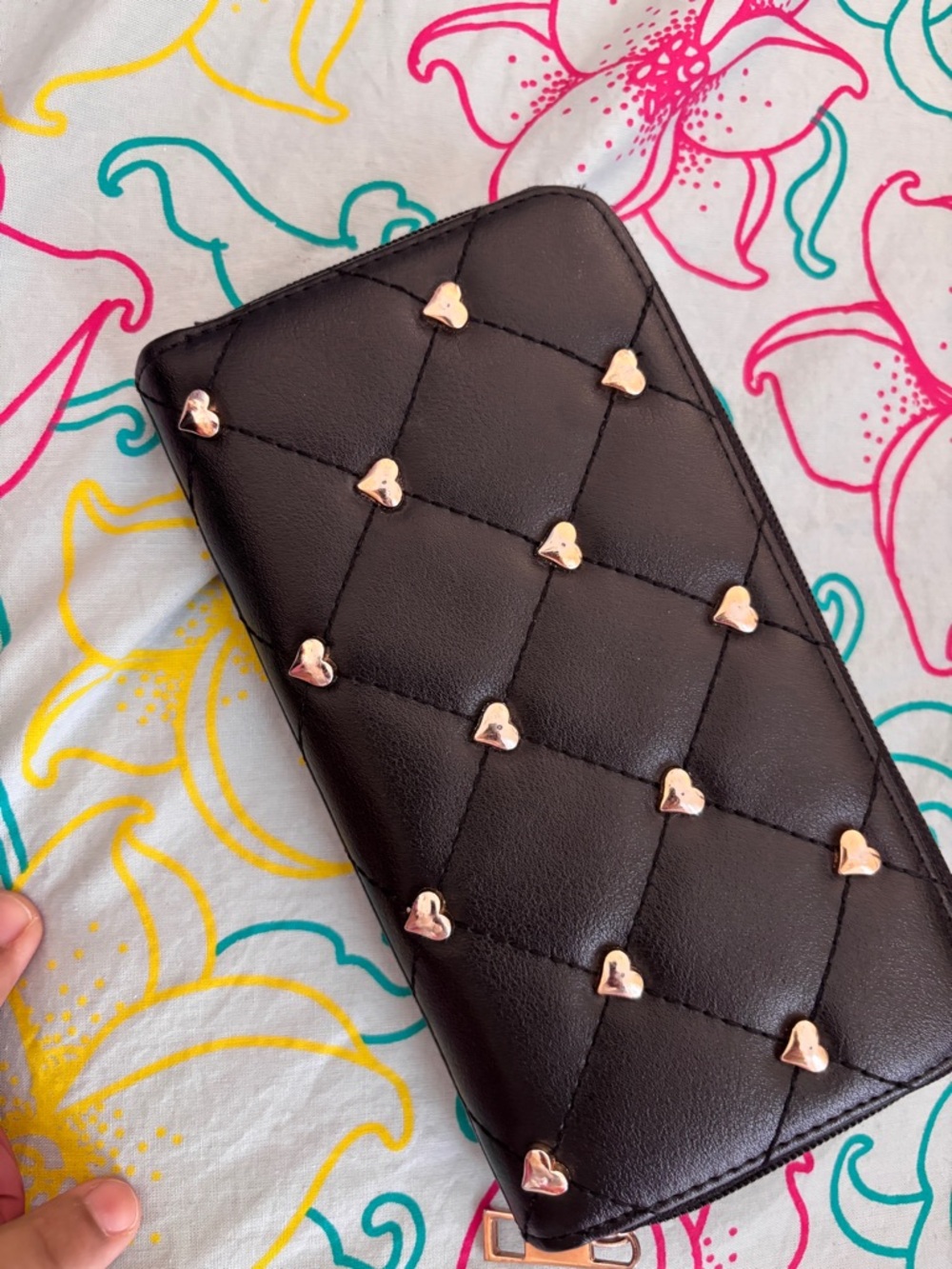 Black Quilted Heart-Stud Wallet